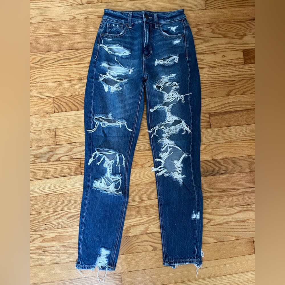 american eagle, dark wash, mom jeans